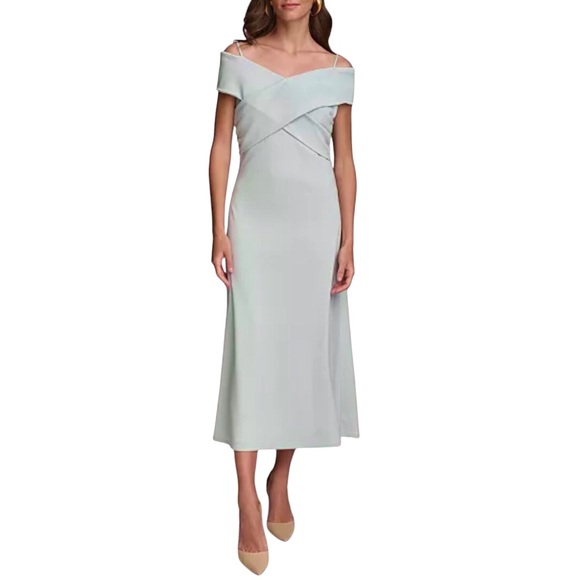 Donna Karan Off The Shoulder Dress Crossover Midi Seafoam Green Crepe Size 14 - Picture 1 of 7